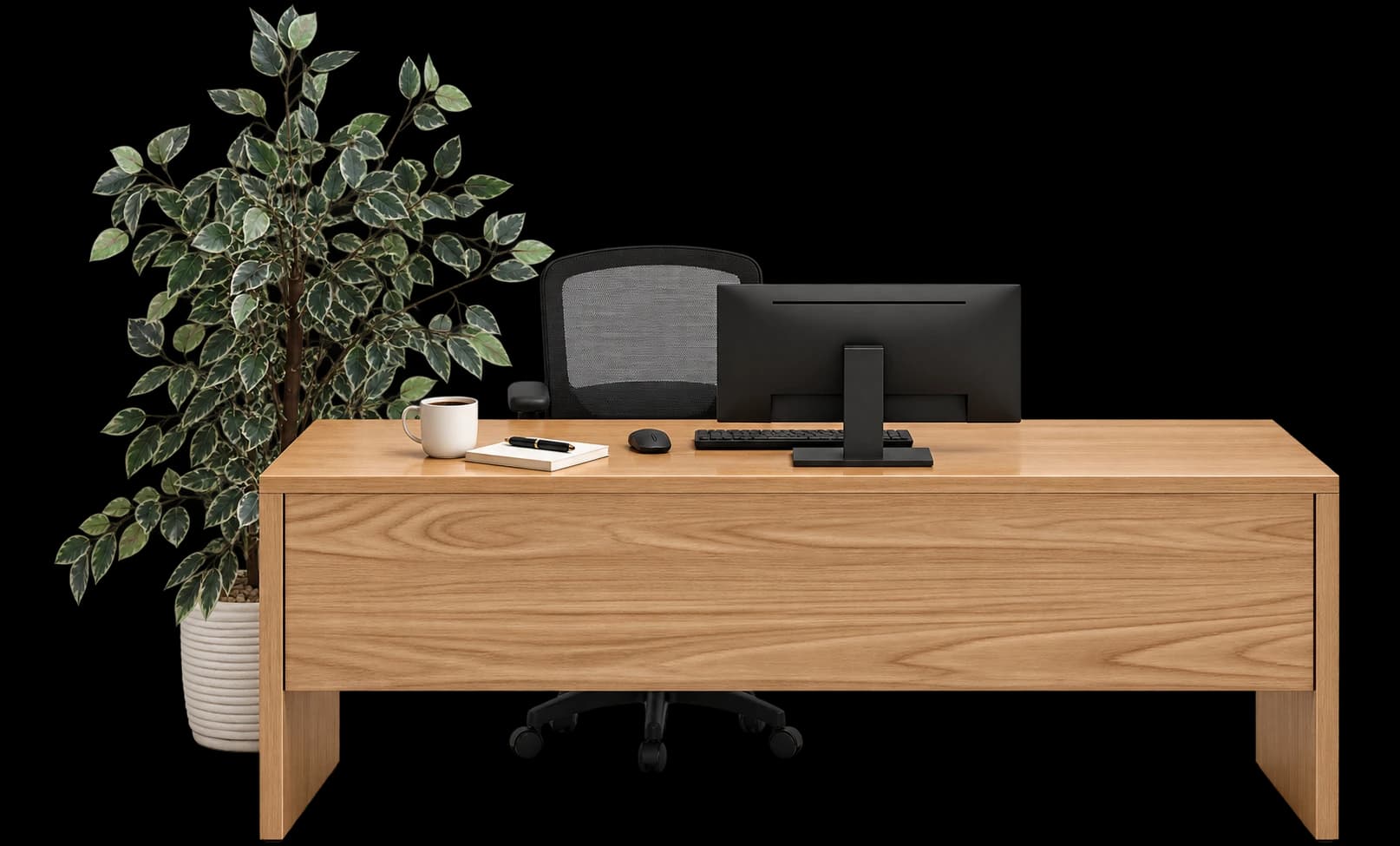 Natural oak office desk with a monitor, chair, and potted plant.